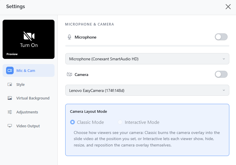 Slideator Camera Layout Mode settings showing Classic Mode and Interactive Mode